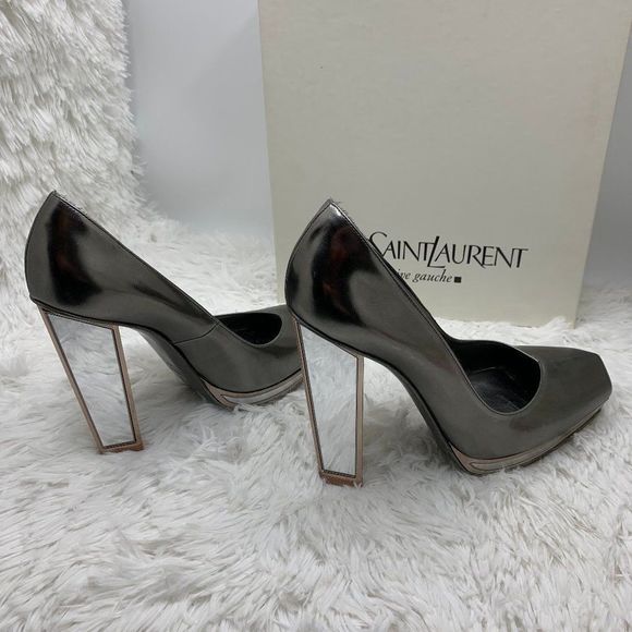 Yves Saint Laurent Mirror Pumps YSL Heels Silver Pewter Vintage mirrored vtg 8.5 - Picture 4 of 14